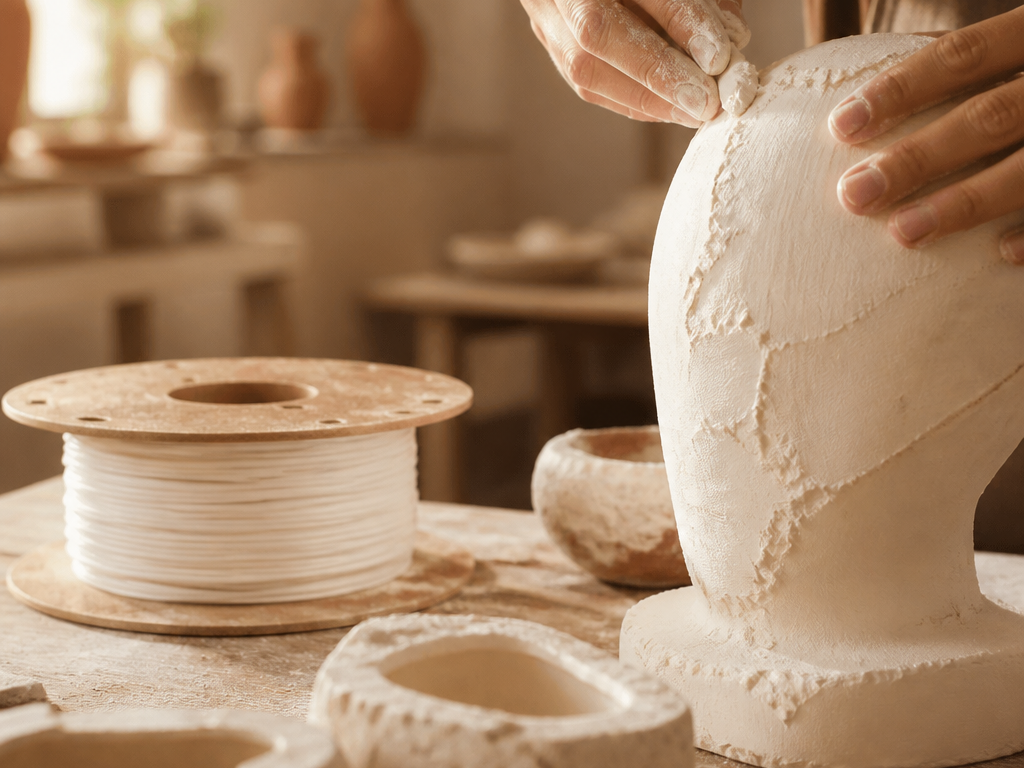 Hände glätten Gips auf einer Skulptur, daneben eine Spule mit weißem Filament